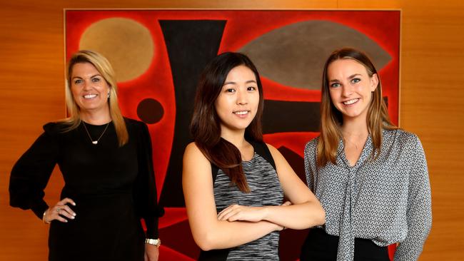 Karen Jorritsma, director in equity sales at Citi Australia, with Citi summer interns Boyang Jiang and Alice Crammond. Picture: Hollie Adams