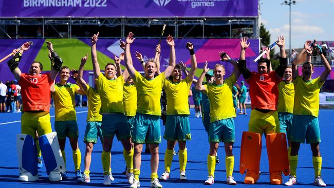 The victorious Kookaburras celebrate after crushing India 7-0. Picture: Getty Images