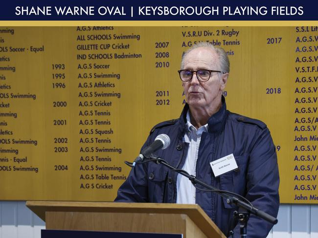 Keith Warne spoke at the Shane Warne Oval unveiling. Picture: Supplied