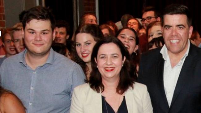 Mike Kaiser’s son Joseph with Premier Annastacia Palaszczuk and Federal MP Milton Dick in 2017. Joseph now works in the Premier’s office. Picture: Facebook