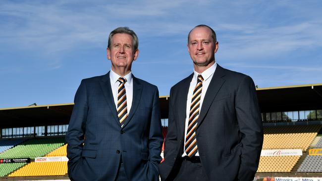 Incoming Wests Tigers chairman Barry O'Farrell (left) poses for a photo with Wests Tigers NRL coach Michael Maguire at Concord Oval in Sydney, Tuesday, March 12, 2019. (AAP Image/Joel Carrett) NO ARCHIVING