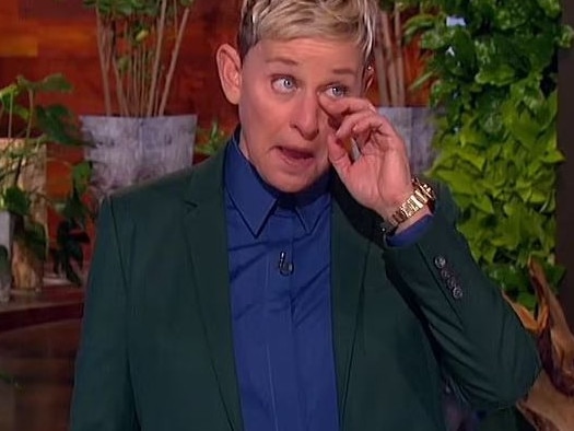 Ellen DeGeneres becomes emotional after telling viewers she will end her talk show after close to 20 years. Picture: Warner Bros