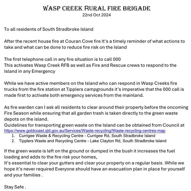 Wasp Creek Rural Fire Brigade letter. Picture: Supplied