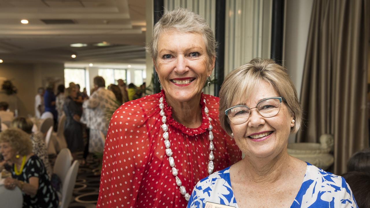 International Women's Day lunch hosted by Zonta Club of Toowoomba MC Barb Grey (left) with Wendy Coombes at Picnic Point, Friday, March 5, 2021. Picture: Kevin Farmer