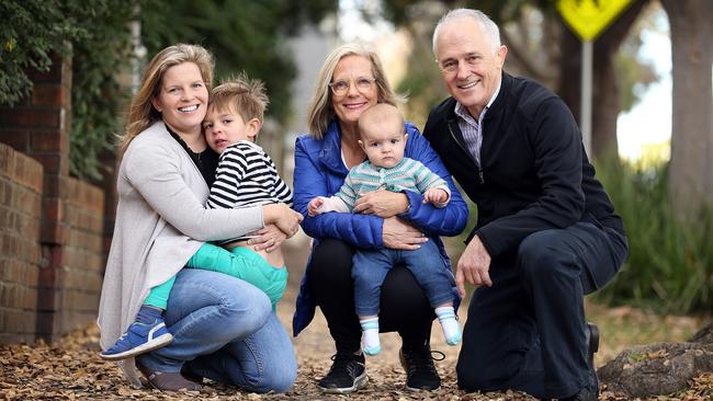 PM Malcolm Turnbull and wife Lucy pictured with daughter Daisy (left) and grandchildren Alice (10 months) and Jack (3 years) in Sydney. Picture: SAM RUTTYN