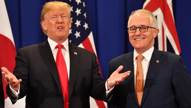 Malcolm Turnbull will travel to the US next week to meet US President Donald Trump as the scandal around Mr Joyce’s affair continues to damage the government back home. The leaders are pictured at the ASEAN forum in November. Picture: AAP