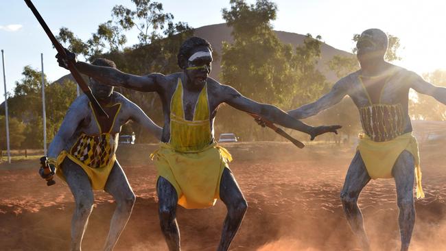 Dancers from East Arnhem Land at the opening ceremony for the National Indigenous Constitutional Convention in Mutitjulu near Uluru in 2017. Picture: AAP