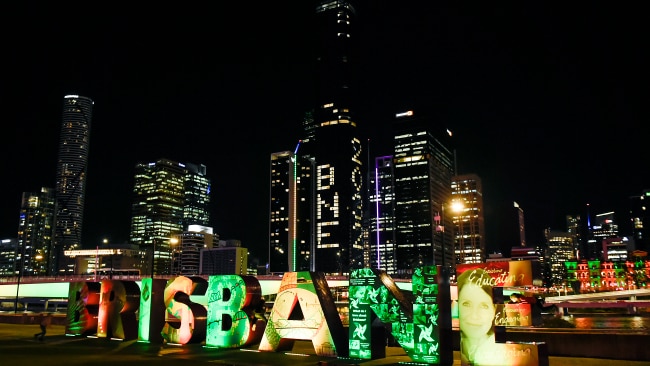 A general view is seen as "BNE 2032" is displayed on a building during the announcement of the host city for the 2032 Olympic Games, watched via live feed in Tokyo, at the Brisbane Olympic Live Site. Picture: Getty