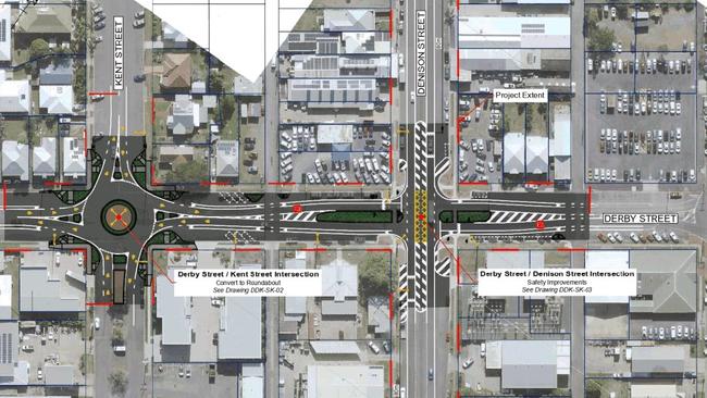 Preliminary concept designs for a roundabout at the Kent and Derby street intersection. The roundabout would aim to slow traffic down before vehicles come to the Denison Street railway line intersection.