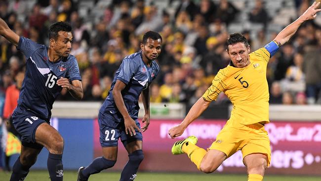 Mark Milligan in his final Socceroos game, in the World Cup qualifying win over Nepal last October. Picture: AAP Image