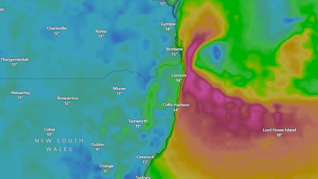 An area from Coffs Harbour to south of Brisbane could be affected Picture: Windy.