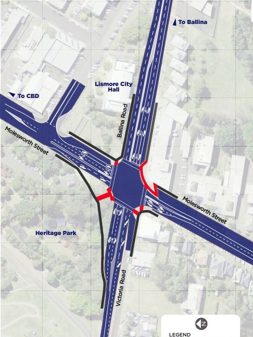 A map of the proposed safety improvements for the Bruxner Highway intersection with Molesworth Street at Lismore.