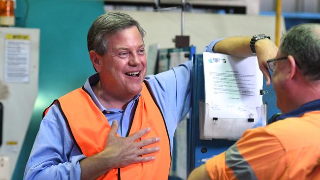 Queensland Opposition Leader Tim Nicholls chats to workers at Berg Engineering in Brisbane. Picture: AAP Image/Dan Peled