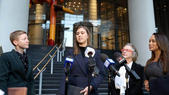 Brittany Higgins speaking to the media after a meeting with Scott Morrison in Sydney in April 2021. Picture: NCA NewsWire / Damian Shaw