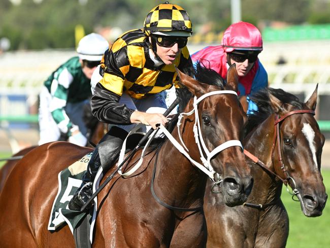 MELBOURNE, AUSTRALIA - MARCH 08: Damian Lane riding Joliestar winning Race 9, the Yulong Newmarket Handicap during Melbourne Racing at Flemington Racecourse on March 08, 2025 in Melbourne, Australia. (Photo by Vince Caligiuri/Getty Images)