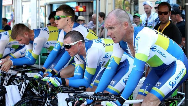 Orica GreenEDGE warm up before the start of the Tour de France team time trial. Picture: Sarah Reed 