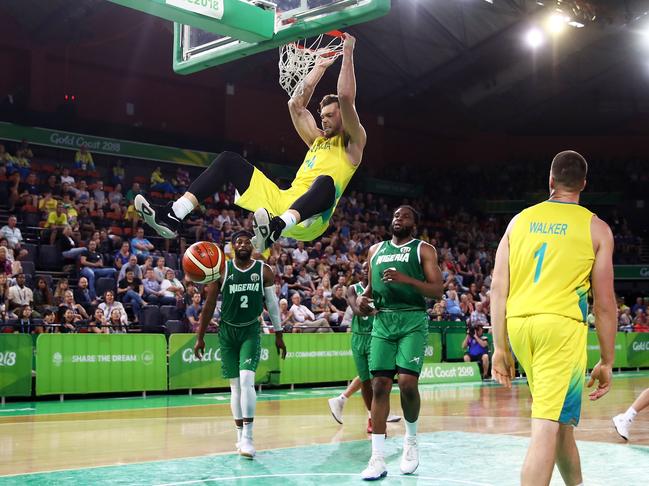 Angus Brandt dunks against Nigeria at the Commonwealth Games.