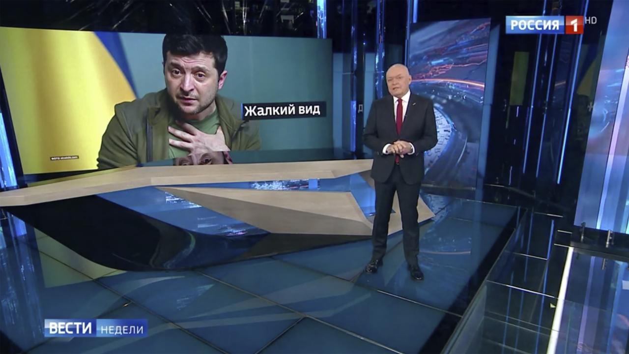 Russian TV anchorman Dmitry Kiselyov alleges Ukrainian President Volodymyr Zelensky is under the influence of alcohol or hard drugs.