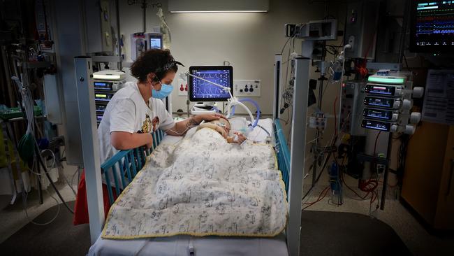 Kristy kept a very close eye on Harlen as he recovered from surgery in the Paediatric Intensive Care Unit. Picture: David Caird