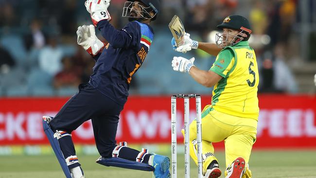 Aaron Finch plays behind the keeper at Manuka Oval, Canberra. Picture: Phil Hillyard