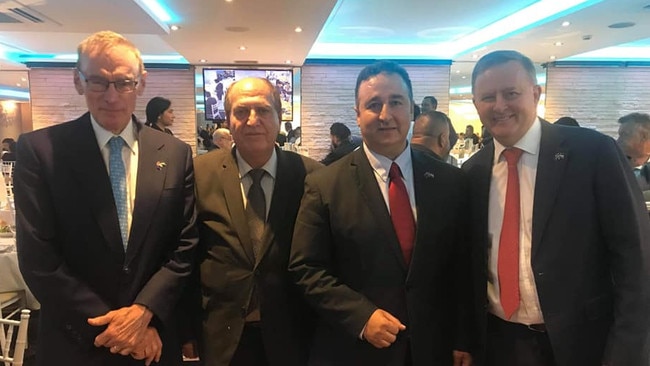 An image showing Shaoquett Moselmane, second right), former NSW Premier Bob Carr, left, and Labor leader Anthony Albanese, right, dated April 10, 2019. Picture: Facebook