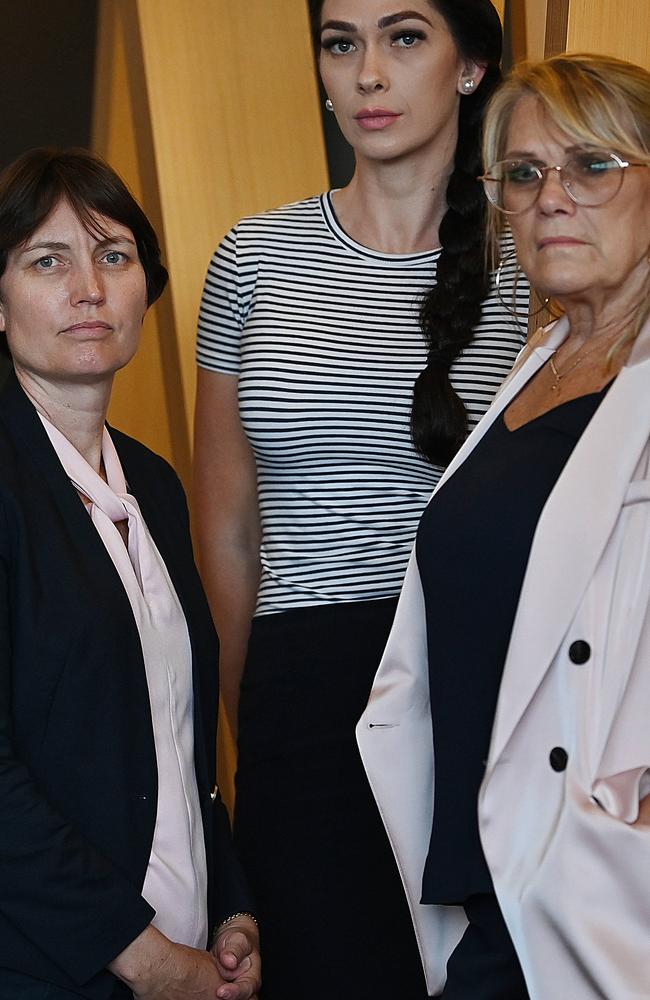 Forensic scientist Kristy Wright with Shannah and Vicki Blackburn – mother and sister of murder victim Shandee Blackburn. Picture: Lyndon Mechielsen/The Australian