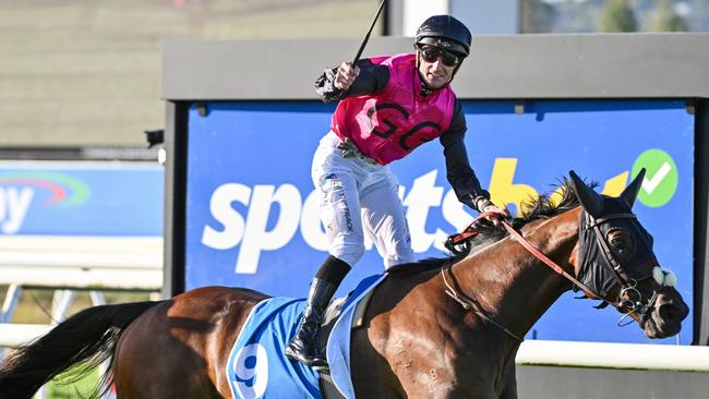 MORNINGTON, AUSTRALIA - APRIL 20: Daniel Stackhouse riding Esti Feny winning Race 8, the Sportsbet Mornington Cup during Melbourne Racing at Mornington Racetrack on April 20, 2024 in Mornington, Australia. (Photo by Vince Caligiuri/Getty Images)