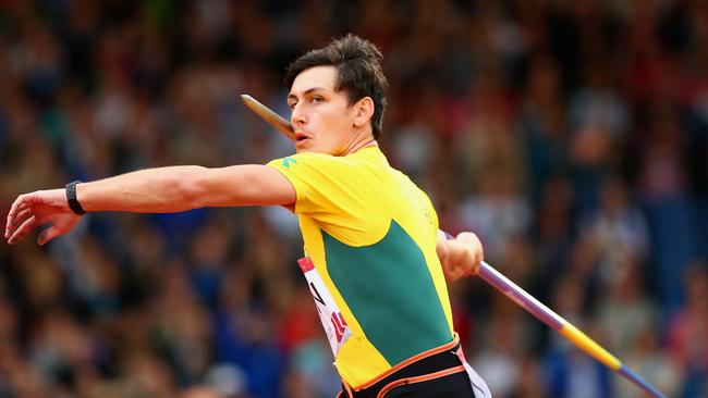 Jake Stein throws the javelin during the decathlon at the 2014 Commonwealth Games. Picture: Cameron Spencer/Getty Images.