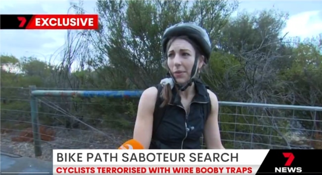 Cyclist Nadine McMillan speaking to 7News Adelaide after she rode into wire deliberately stretched across a footpath.