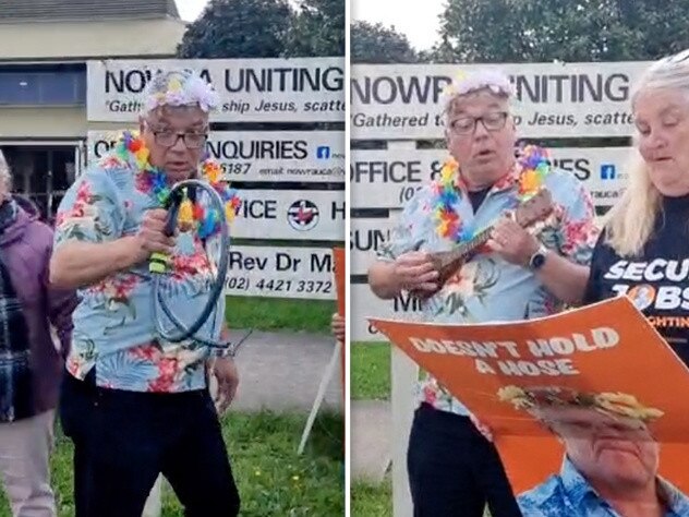 Arthur Rorris dressed up as a ukulele-strumming, Hawaiian shirt-wearing Scott Morrison.