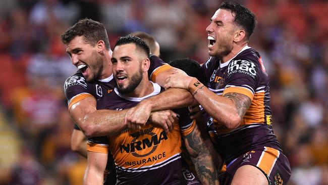 Jack Bird celebrates scoring against the Dragons. Picture: AAP