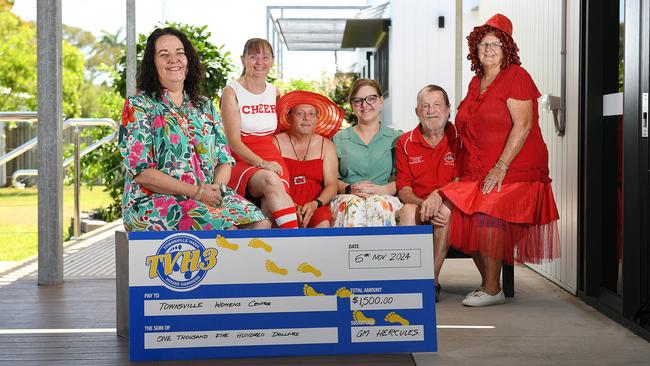 Women's Centre specialist homelessness service team leader Sallie Kearnan (front), accepts a donation of $1500 from Townsville Hash House Harriers. (L-R) Evelyn Stent, Bill Stent, Women Centre’s business administrator Angela Carroll, Don Brown and Kay Edwards. Picture: Shae Beplate.