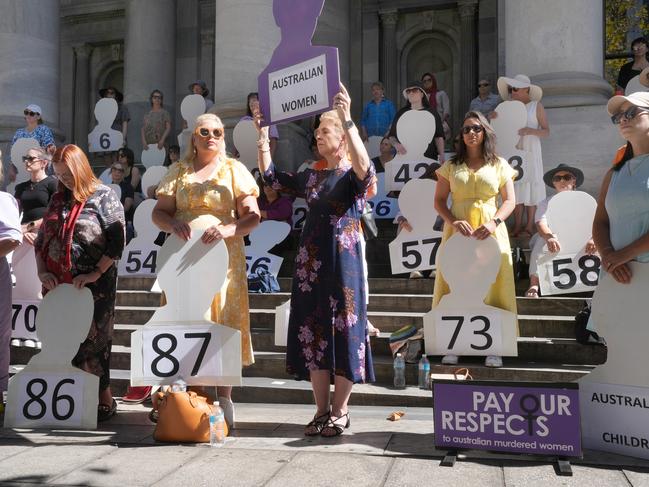 Honouring 87 Women lost to murder on the steps of Parliament House. Picture: Dean Martin