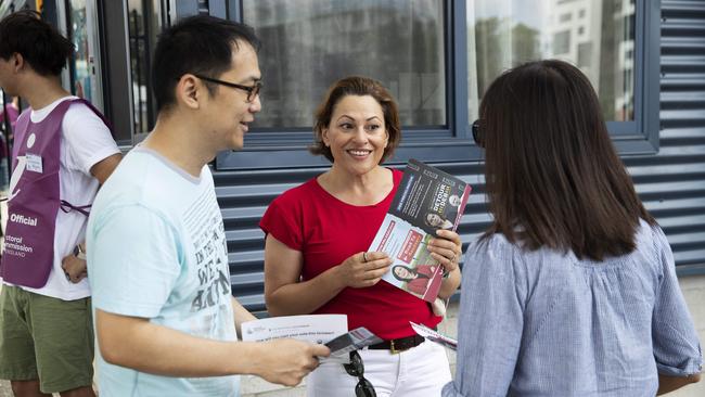 Jackie Trad at the West End State High School polling booth.on Saturday. Picture: Attila Csaszar