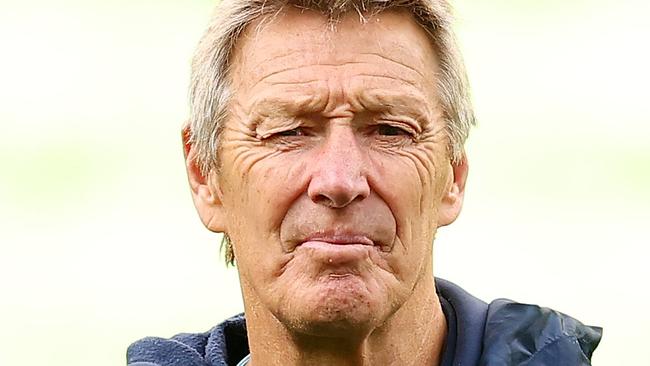 MELBOURNE, AUSTRALIA - SEPTEMBER 11: Craig Bellamy, Head Coach of the Storm watches on during a Melbourne Storm NRL training session at AAMI Park on September 11, 2024 in Melbourne, Australia. (Photo by Morgan Hancock/Getty Images)