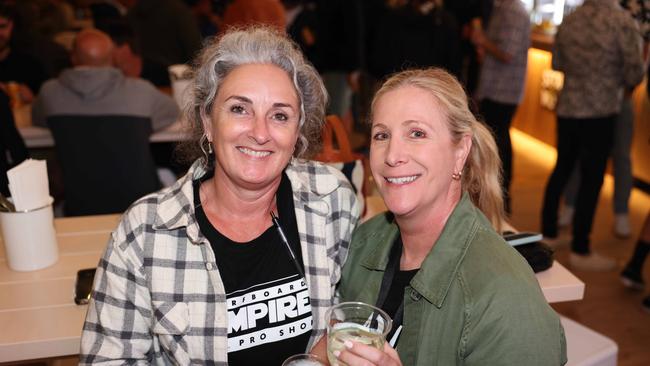 Joni Tarantini and Alison Singer Santley at the WSL Gold Coast Pro 2025 after party at Burleigh Pavilion for Gold Coast at Large. Picture, Portia Large.
