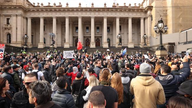 Hundreds of protesters outside Parliament. Picture: Mark Stewart