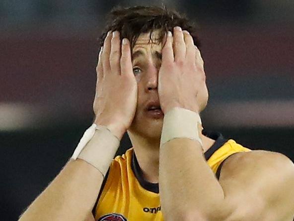 MELBOURNE, AUSTRALIA - JULY 09: Jake Kelly of the Crows looks dejected after a loss during the 2021 AFL Round 17 match between the Essendon Bombers and the Adelaide Crows at Marvel Stadium on July 9, 2021 in Melbourne, Australia. (Photo by Michael Willson/AFL Photos via Getty Images)