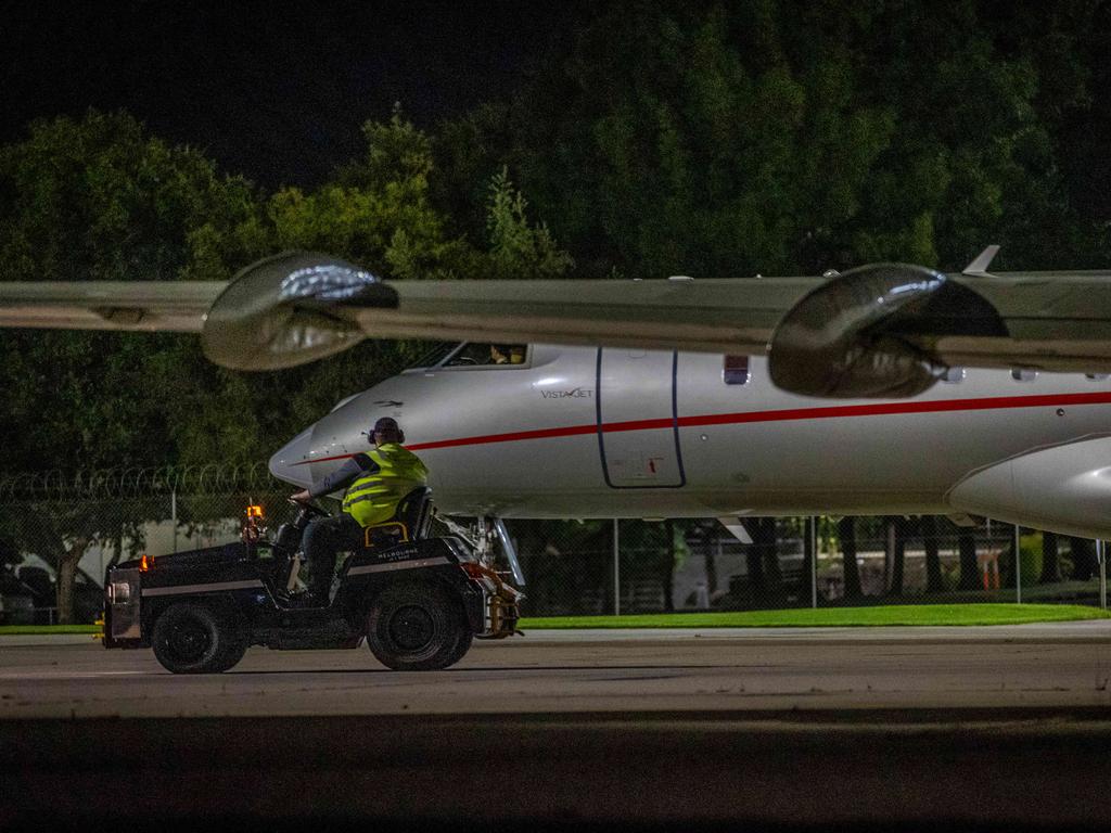 The private jet arrived at Tullamarine Airport just after 12.45am Thursday. Picture: Jake Nowakowski