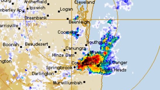 The intensity of the storm is seen in a BOM radar image taken around 4pm.