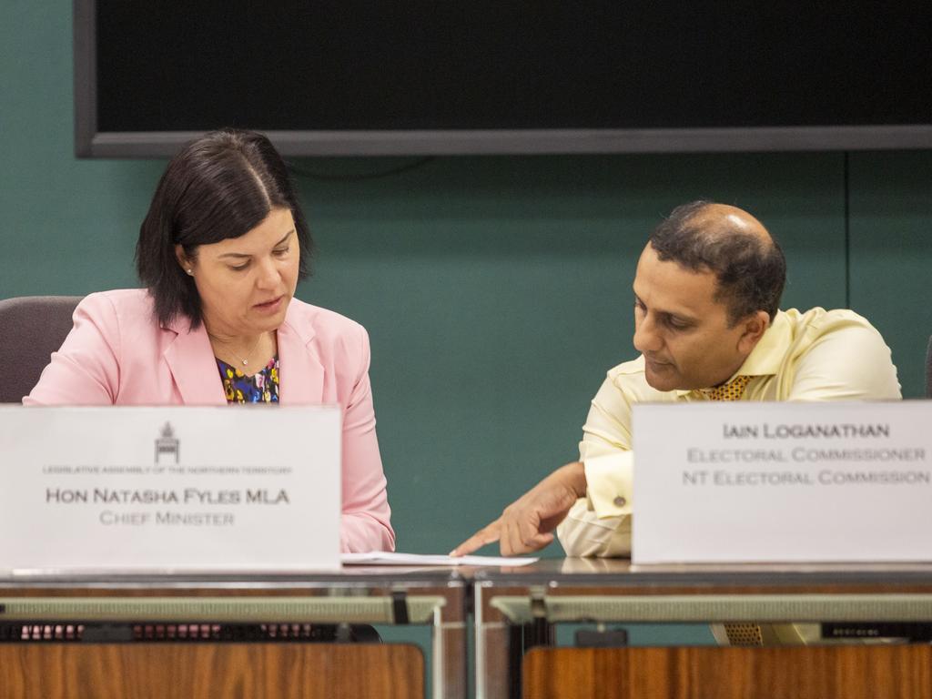 NT electoral commissioner Iain Loganathan discussed electoral issues beside NT Chief Minister Natasha Fyles. Picture: Floss Adams.