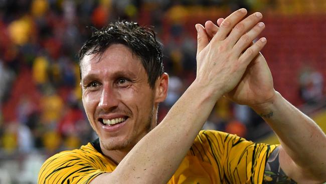 Mark Milligan of the Socceroos is seen reacting at the end of the International friendly match between Australia and the Korea Republic at Suncorp Stadium, in Brisbane, Saturday, November 17, 2018. (AAP Image/Darren England) NO ARCHIVING, EDITORIAL USE ONLY