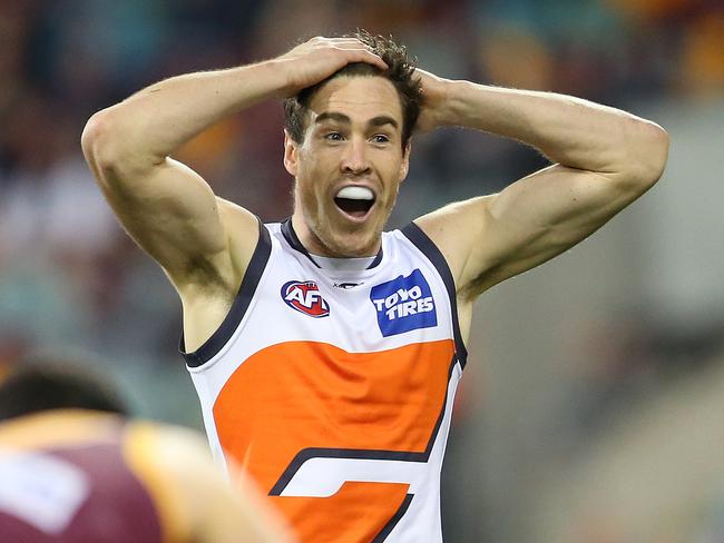 BRISBANE, AUSTRALIA - JUNE 23: Jeremy Cameron of the Giants reacts during the round 14 AFL match between the Brisbane Lions and the Greater Western Sydney Giants at The Gabba on June 23, 2018 in Brisbane, Australia. (Photo by Jono Searle/Getty Images)