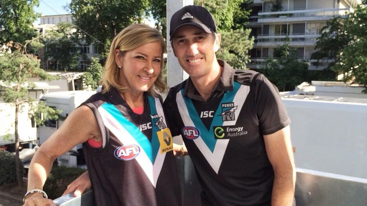 Tennis legend Chris Evert with Adelaide tennis coach and Port Adelaide fan Darren Cahill.