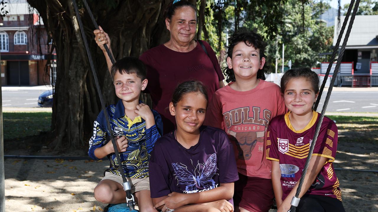 Debbie Thompson of Gordonvale, pictured with her grandchildren Korbin Dodd, 7, Tekara Brown, 11, Shaylah Dodd, 9, and Uriah Tolson, 10, at Norman Park. Picture: Brendan Radke