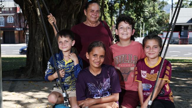 Debbie Thompson of Gordonvale, pictured with her grandchildren Korbin Dodd, 7, Tekara Brown, 11, Shaylah Dodd, 9, and Uriah Tolson, 10, at Norman Park. Picture: Brendan Radke