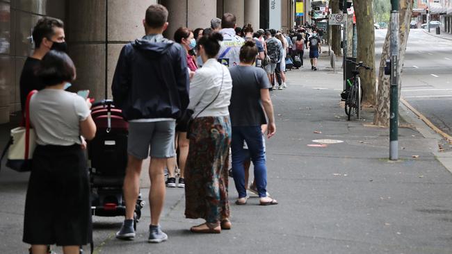 People queue for Covid-19 PCR tests in Sydney’s Ultimo. Picture: Richard Dobson