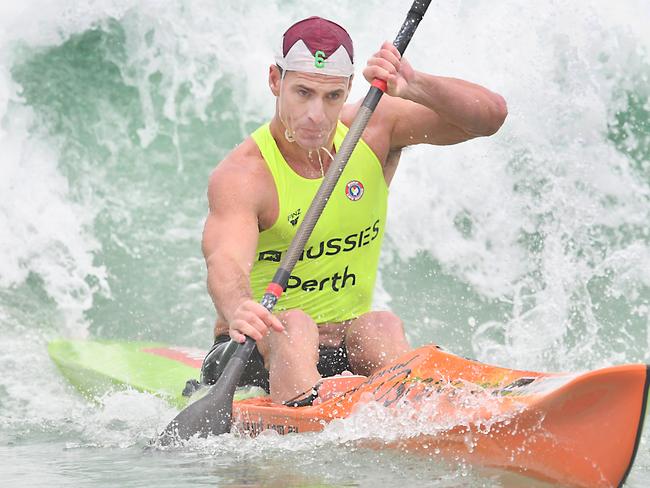 Northcliffe's Shannon Eckstein competing in ironman heats of 2018 Australian surf lifesaving championships at Scarborough, WA. Photo: harvpix.com