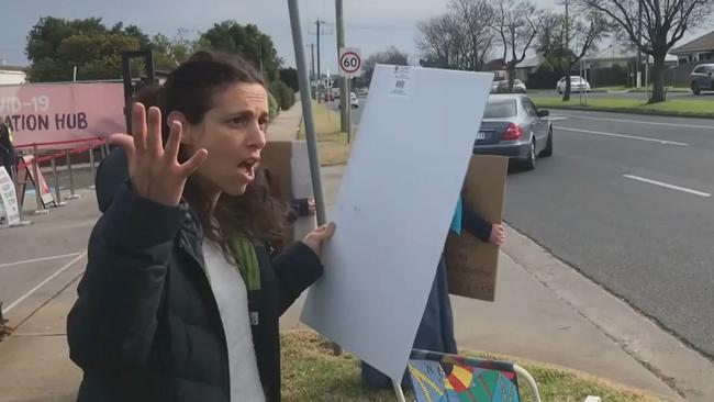 Ms Spadaro features in a video of anti-vaxxers protesting at the front of the Geelong Vaccination Hub