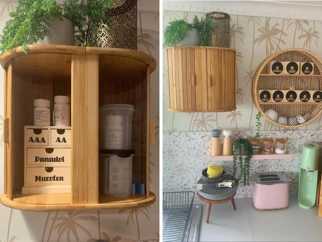 A woman’s “genius” Kmart hack has gone viral, after she transformed two $19 bread bins from the retailer into a kitchen cabinet. Picture: Supplied